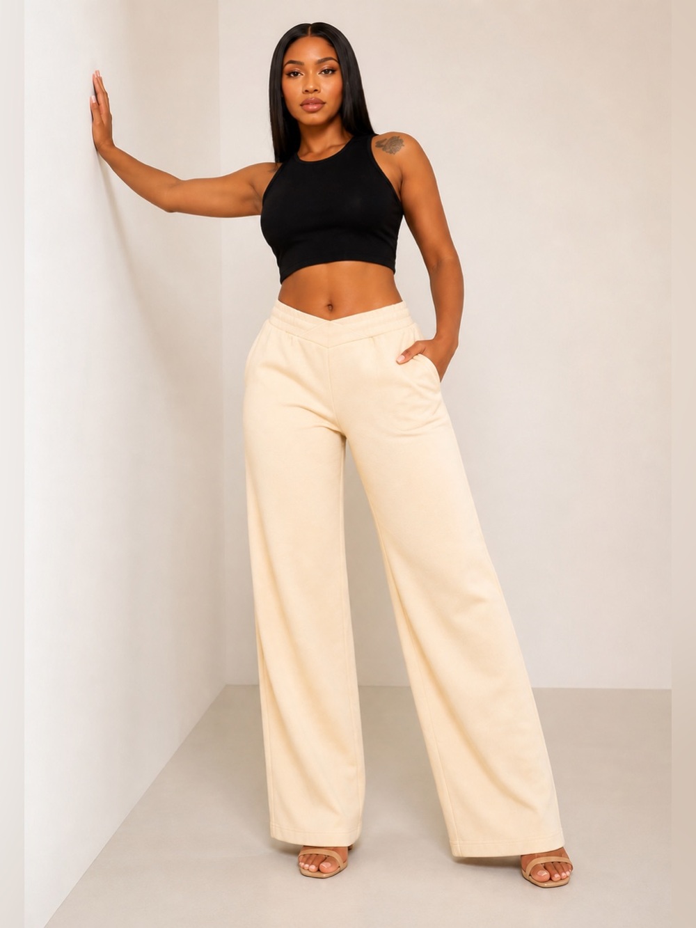 PrettyLittleThing Oatmeal V Waist Wide Leg Lounge Pants Plus Size 20 NWT